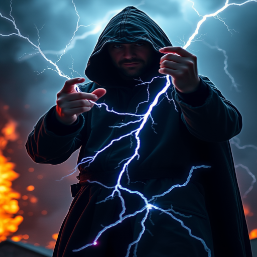 Create a dramatic scene of a figure in a hooded cloak manipulating lightning, with a fiery background and stormy atmosphere, using a DSLR camera with a 50mm lens at f/1.8, ISO 100, and a shutter speed of 1/200s, capturing a low angle view for dynamic perspective and vibrant colors.