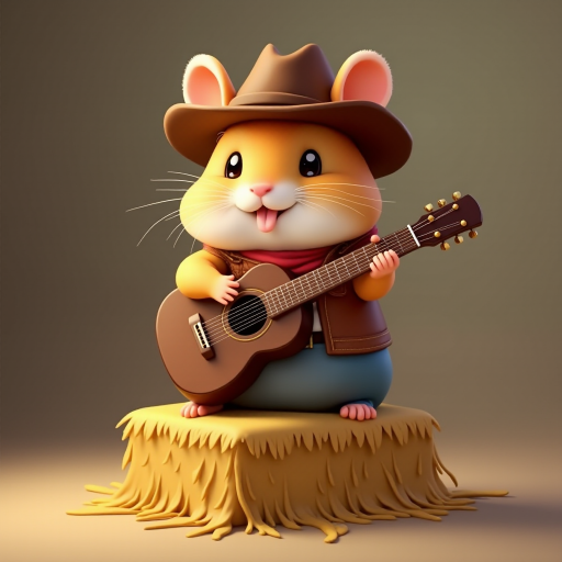 A chibi hamster, dressed as a cowboy, playing guitar, sitting on a hay bale