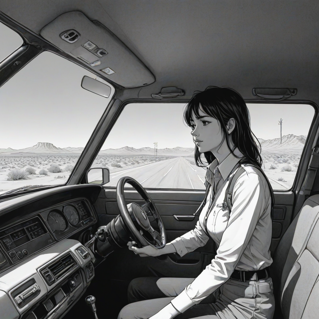 score_9, score_8_up, score_7_up,<lora:H001PXL:1>,<lora:add-detail-xl:.3>,  manga, monochrome, comic, side shot, flat angle,
highway, desert, driver, interior,
 zPDXL