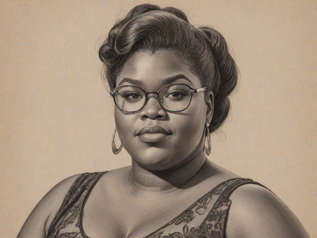 Ravishing Gabourey Sidibe, pencil sketch, portrait of Ravishing woman 1959s in glasses, hair style beatnik, outline, clear lines, fine lines, 8k