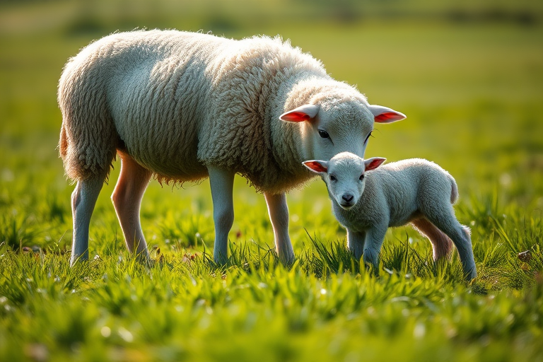 A sheep and its lamb grazing in a lush green field, captured with a Canon EOS R5 at f/2.8, 1/200s, ISO 100, with a 50mm lens in natural light, shallow depth of field, and soft background blur.