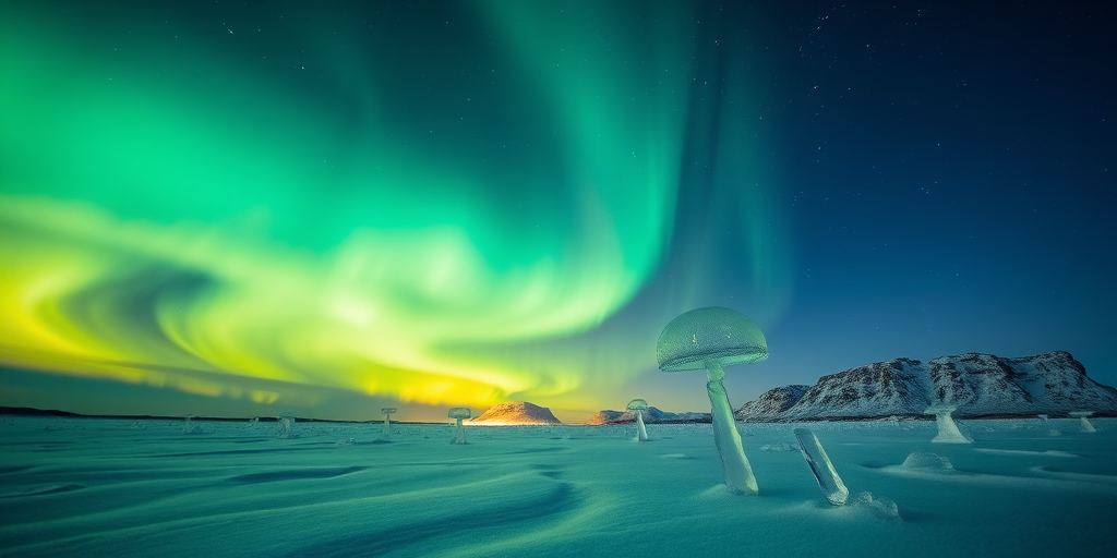 Capture the northern lights illuminating a frosty landscape with jellyfish-like formations, using a Canon EOS R5, 24mm lens, f/2.8 aperture, ISO 800, 30 seconds exposure, shot from a low angle for dramatic effect under a clear night sky.