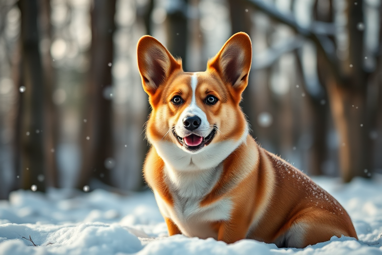 Create a realistic portrait of a Corgi sitting in a snowy forest, with soft snowflakes falling around, using a Canon EOS R5 camera with a 50mm f/1.2 lens at f/2.8, ISO 200, Shutter Speed 1/200s, in natural light to enhance the details and warmth of the fur and background.