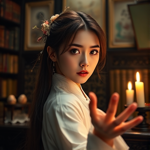 LYF, In a dimly lit, Chinese study filled with antique books and dusty trinkets, the captivating LYF, a woman of striking beauty, poses in an enigmatic manner, her eyes locked onto the viewer's soul.She is wearing white hanfu, Her long,hanfu hairstyle, reflecting the soft glow of a nearby candle, while her brown highlights catch the light and accentuate her facial features. Her long hair is hanfu hairstyle with twigs and flowers, adding to the ethereal and mystical atmosphere. The camera angle is low, giving the viewer an intimate perspective, as if they were standing right in front of her, making it seem as though she is reaching out to them with a sense of alluring invitation.