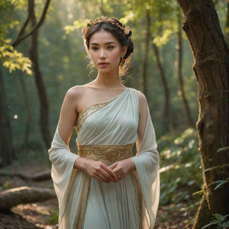 Create a portrait of a goddess-like Uyghur girl figure in a tranquil, forested environment. She has an elegant appearance with long, wavy hair styled in an updo and adorned with a delicate, floral headband. She wears a flowing, ancient Greek-inspired gown in a soft, pale color, featuring a one-shoulder design and draped fabric that accentuates her graceful form. The outfit includes a decorative belt with ornate gold detailing, and she holds a bow in her hand, with a quiver of arrows slung over her shoulder. The background depicts lush greenery, with sunlight filtering through the trees, casting a gentle, ethereal light on the scene. Her expression is calm and contemplative, embodying a sense of wisdom and serenity.