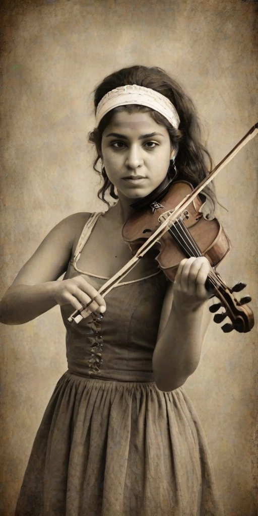 a young Romani woman with a white headband playing a violin, in the style of a charcoal drawing, sepia grunge background