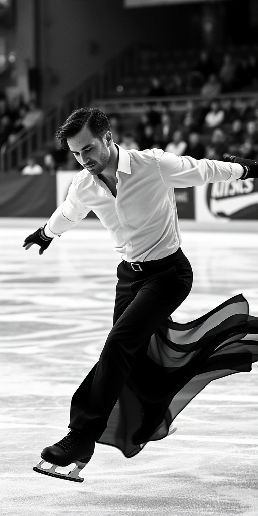 Create a high-contrast black and white image of a male figure skater in motion, emphasizing fluidity and grace, captured with a 50mm lens at f/1.8, ISO 100, and a shutter speed of 1/500s, with a low-angle view to enhance the dynamic movement and an abstract background of swirling ice patterns and blurred spectators to convey energy.