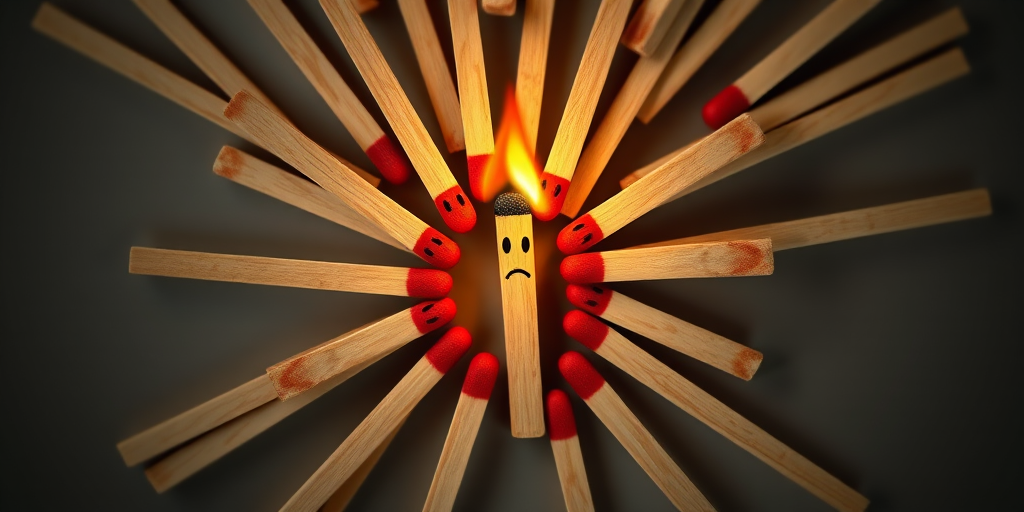 Create an image of cartoon matchsticks with happy faces surrounding a sad matchstick with a flame, using a DSLR camera with a 50mm lens, f/2.8 aperture, ISO 100, top-down view, soft lighting to enhance the contrast and depth.