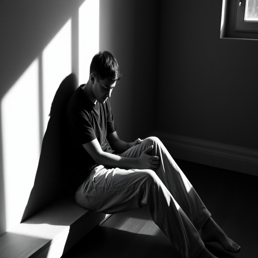 Create a black and white portrait of a person sitting against a wall with soft natural light streaming through a window casting shadows, captured with a Canon EOS R5 at f/1.8, ISO 100, 1/200s, with a shallow depth of field and a cinematic style.
