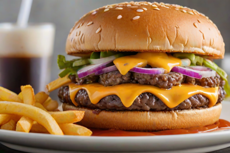 High-resolution, close-up image of a gourmet double cheeseburger. The burger features a glossy, sesame-seed-topped brioche bun. Inside, there are two thick, juicy beef patties, each topped with melted cheddar cheese. The burger is garnished with fresh lettuce, tomato slices, diced onions, and pickles. A generous amount of ketchup and a creamy, orange-colored sauce is dripping down the sides, adding to the mouth-watering appeal. In the background, there are blurred elements including a side of golden French fries and a hint of a beverage, enhancing the overall presentation of a delicious meal.