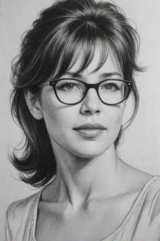 Superb Sophie Marceau, pencil sketch, portrait of Resplendent woman 1958s in glasses, hair style beatnik, outline, clear lines, fine lines, 8k