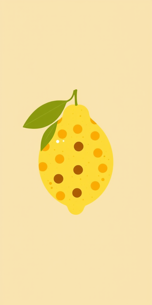 Create a minimalistic illustration of a lemon with brown and yellow dots on a soft beige background, using a Canon EOS R camera, 50mm lens, f/2.8 aperture, and a soft focus style to enhance the image quality.