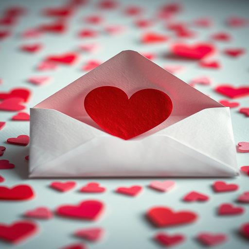 A close-up shot of an open envelope with a red heart on it, surrounded by scattered red and pink paper hearts, taken with a Canon EOS R5 at f/2.8, ISO 100, 1/125s, with a soft focus background to enhance depth and vibrancy.