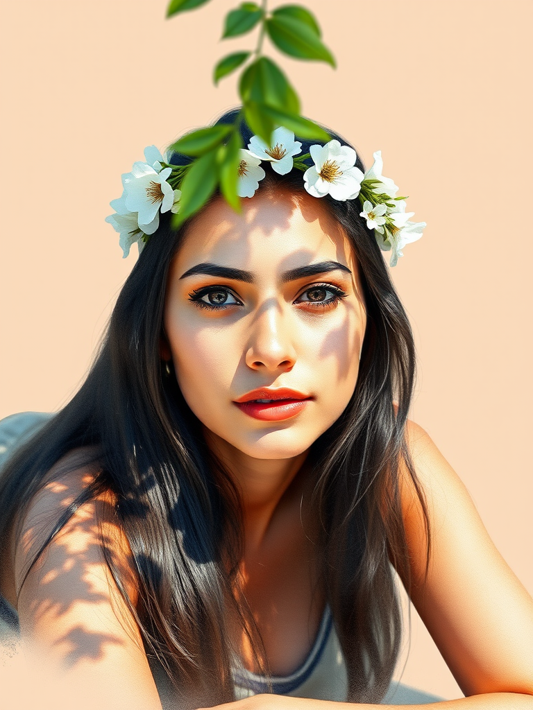 create a watercolor painting of an ethereal portrait of beautiful Aymara woman with a simple white flower crown on her head. Her hair is long and she is lying on the ground. The sunlight on the trees casts shadows from the leaves on her face and body. The background is a neutral brown color that matches her skin tone. The image is minimalist and solid colors. This style is characterized by soft, delicate brushstrokes and a light, airy, contrasting color palette. High level of detail and play of light