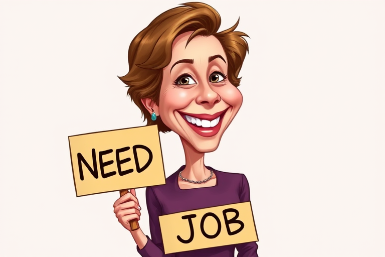 caricature of a smiling Annette Bening in a Plum dress or suit, holding up a sign that says "NEED A JOB", no watermark,