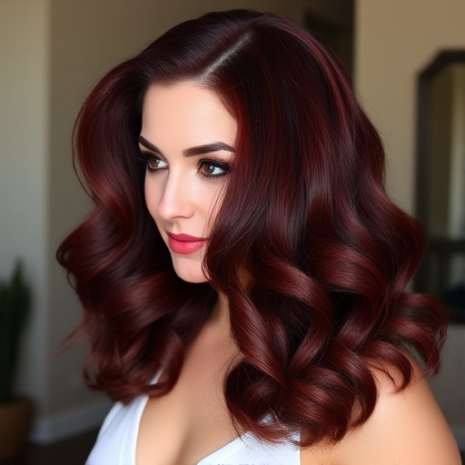 Deep burgundy hair styled in glamorous Old Hollywood waves with a deep side part exemplifies the classic "Vintage Velvet" look, incorporating subtle mahogany lowlights and a high-shine finish that adds depth and richness to the luxurious, ruby-red hues, evoking a sense of timeless elegance and sophistication