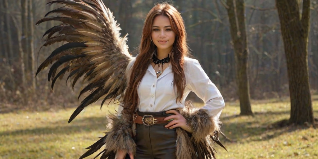 contessa,furry, 1girl, two-tone fur, long sleeves, shirt, feathers, pants, high boots, bird girl, contessa animalympics, avian, beak