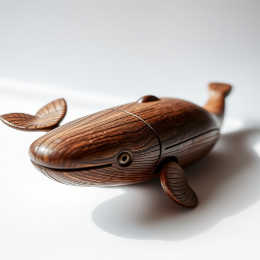 Create a highly detailed image of a vintage wooden whale carving, captured with a DSLR camera at f/2.8 aperture, ISO 100, 50mm lens, natural light, shallow depth of field, and a clean white background for enhanced clarity and contrast.