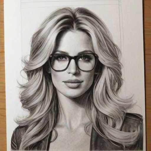 Wonderful Kim Zolciak, pencil sketch, portrait of Gorgeous woman 1975s in glasses, hair style beatnik, outline, clear lines, fine lines, 8k