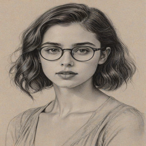 Charming Margaret Qualley, pencil sketch, portrait of Superb woman 1924s in glasses, hair style beatnik, outline, clear lines, fine lines, 8k