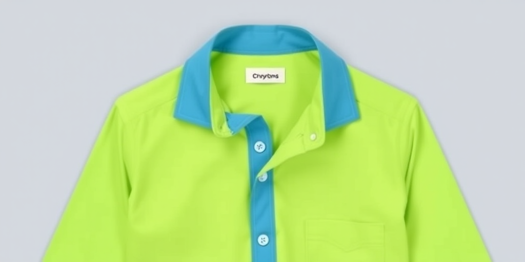 Create a vibrant green collared shirt with a blue collar, flat design, using a high-resolution camera with a 50mm lens, f/2.8 aperture, 1/125 shutter speed, and natural lighting, viewed from a front angle.