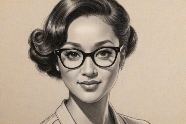 Pleasing Tamara Mowry, pencil sketch, portrait of Fetching woman 1950s in glasses, hair style beatnik, outline, clear lines, fine lines, 8k