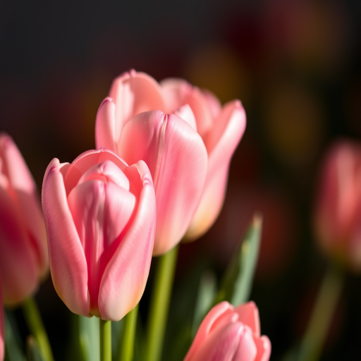 Close-up of pink and peach tulips with soft bokeh background, natural light, aperture f/2.8, shutter speed 1/200s, ISO 100, DSLR camera, macro lens, shallow depth of field.