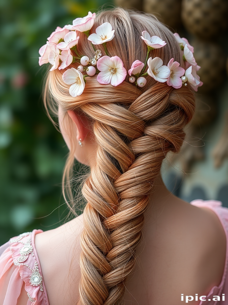 Enchanting rose gold fairy braid titled Blossom Whimsy showcasing an intricate crown braid embellished with delicate silk flowers and shimmering rose quartz beads for a romantic ethereal aesthetic