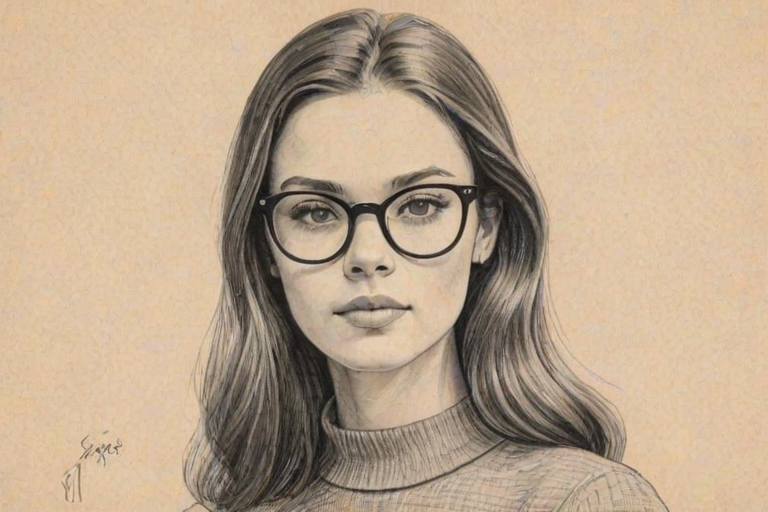 Pleasing Olivia Rodrigo, pencil sketch, portrait of Sublime woman 1960s in glasses, hair style beatnik, outline, clear lines, fine lines, 8k