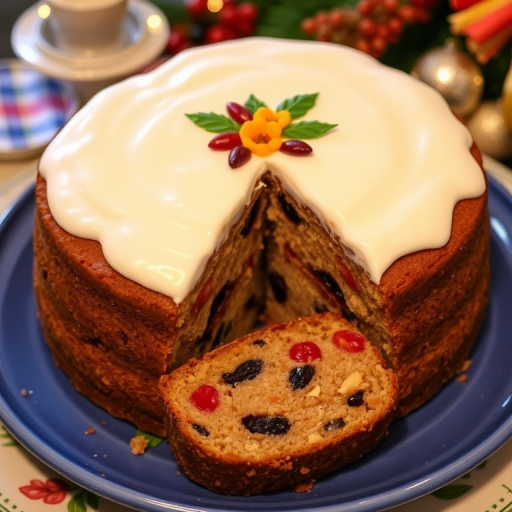 A beautifully decorated round cake with a smooth white icing on a blue plate, a slice cut out revealing a rich fruit cake with nuts and colorful dried fruits, displayed on a decorative plate, in a festive setting with hints of holiday decorations in the background.