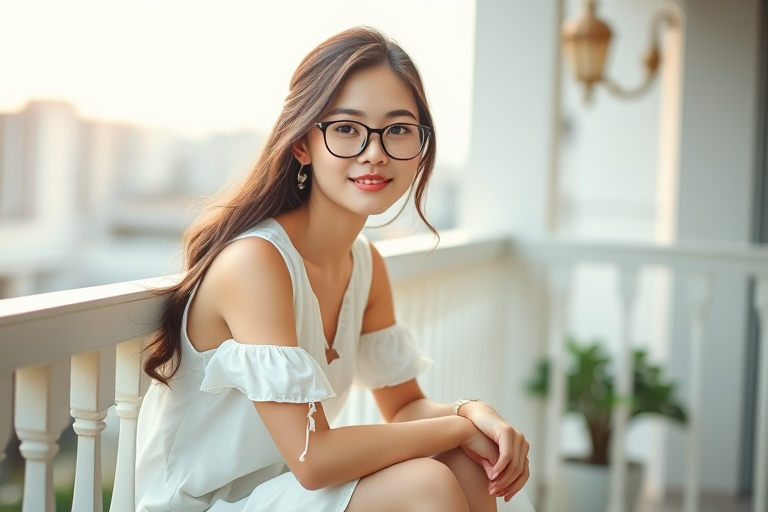portrait of a young woman wearing a white dress and glasses, squatting on a balcony with a decorative charm, soft focus, natural light, 50mm lens, aperture f/1.8, ISO 100, shallow depth of field, DSLR camera, bright and dreamy ambiance
