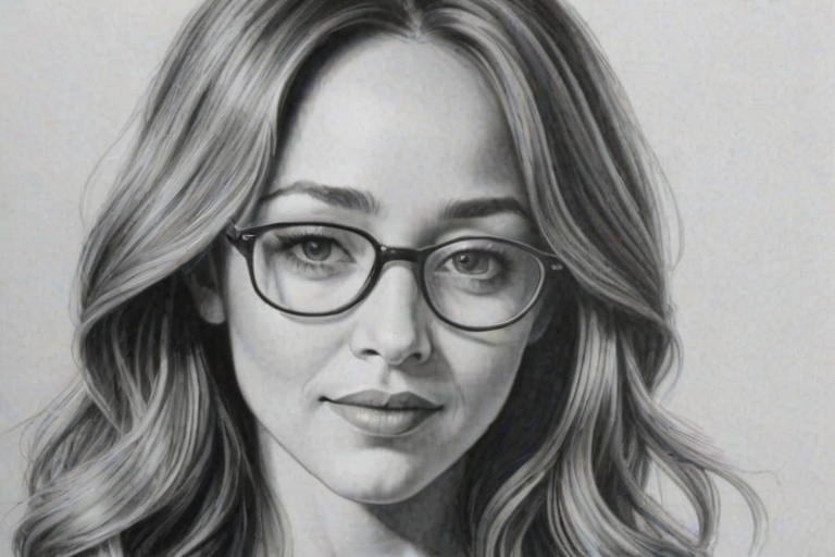 Superb Autumn Reeser, pencil sketch, portrait of Magnificent woman 1974s in glasses, hair style beatnik, outline, clear lines, fine lines, 8k