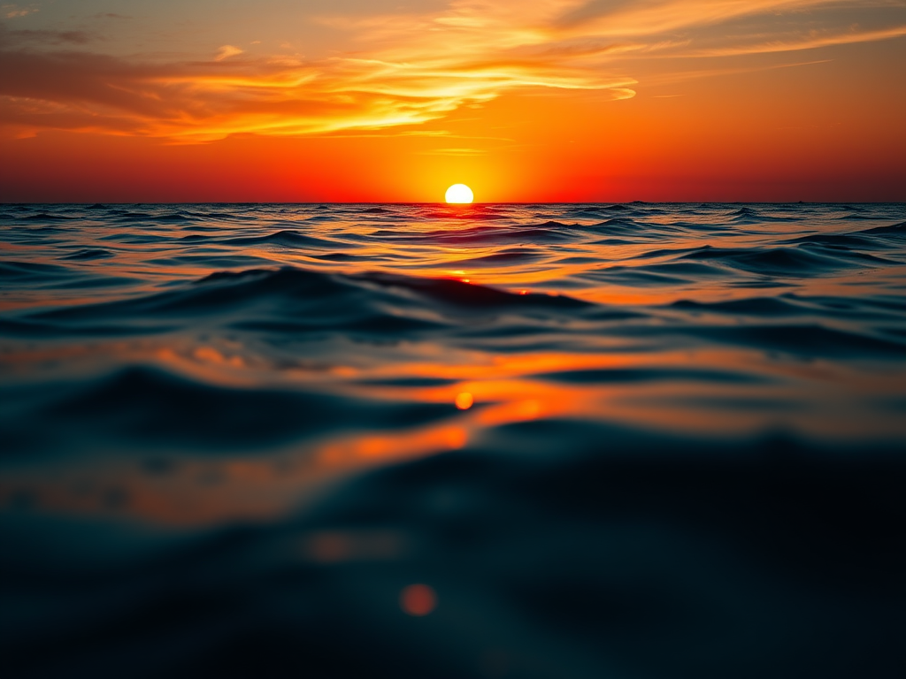 Create a vibrant sunset over a calm ocean, capturing reflections on the water using a Canon EOS R5, 24mm lens, f/8 aperture, ISO 100, 1/250s shutter speed, shot from a low angle for dynamic perspective and enhanced color saturation.