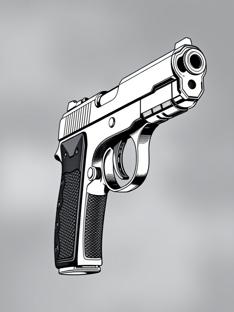 Create a high-resolution black and white illustration of a handgun from a side view with a shallow depth of field, using a DSLR camera set to f/2.8 aperture, ISO 100, with a 50mm lens, capturing fine details and textures against a soft blurred background.