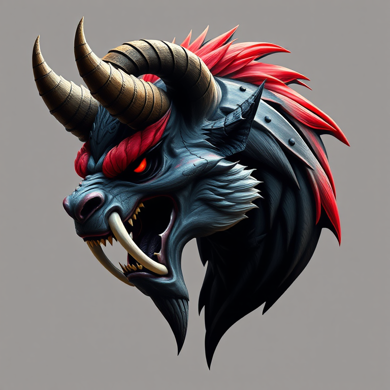 Regenerate the image of a fierce, stylized creature head with sharp teeth and horns, side profile view, using a digital art style with high contrast colors and intricate details, set with a Canon EOS 5D Mark IV, f/2.8, ISO 100, 50mm lens, natural lighting to enhance clarity and saturation.