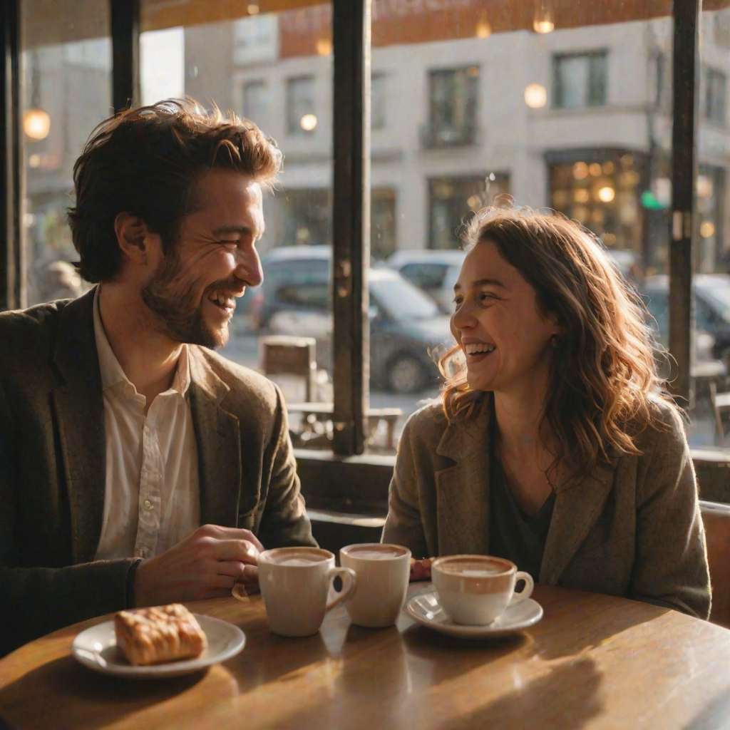 Blurry candid shot of a couple laughing together at a  cafe, soft golden light streaming through the windows, with coffee cups and pastries scattered on the table and a faint reflection of city streets behind them.