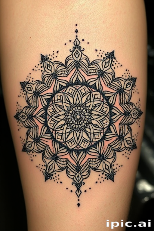 Dotwork mandala tattoo named "Cosmic Harmony" featuring intricate patterns and sacred geometry, created entirely with thousands of tiny dots in varying densities to achieve a mesmerizing 3D effect