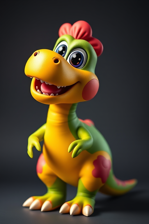 generate a colorful cartoon dinosaur character with a happy expression, high resolution, 50mm lens, f/2.8 aperture, 1/200 shutter speed, shot from a slightly low angle with soft lighting in a studio setup