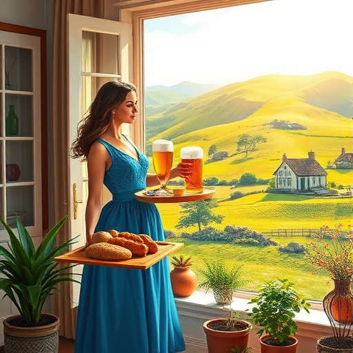 In "A Glass of Beer on the Highland," a serene scene is depicted in a sunlit room where a woman in a vibrant blue dress stands by a large window. She holds a tray with a hearty meal and a frothy glass of beer, embodying a moment of relaxation. Outside, the breathtaking highland landscape features rolling green hills and a charming traditional house, all bathed in warm afternoon light. The interior is adorned with potted plants, creating a harmonious blend of comfort and nature. The painting beautifully captures the tranquility and joy found in simple pleasures amidst stunning scenery