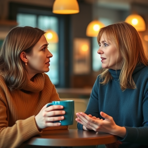 two women engaged in a deep conversation in a cozy cafe with warm lighting, one holding a blue mug and looking concerned while the other gestures expressively, shot with a Canon EOS R5, 50mm lens, f/1.8 aperture, ISO 200, natural light, soft focus background.