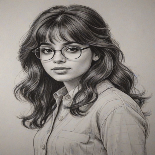 Enchanting Camila Cabello, pencil sketch, portrait of Comely woman 1960s in glasses, hair style beatnik, outline, clear lines, fine lines, 8k