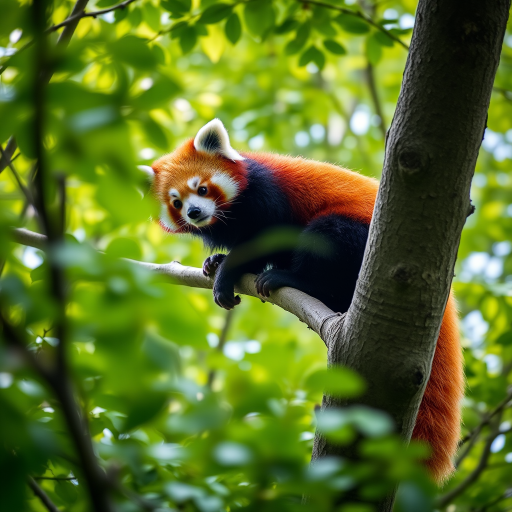 Regenerate a vivid image of a red panda perched on a branch surrounded by lush green foliage, captured with a Canon EOS R5, 85mm lens, f/1.8 aperture, ISO 200, in natural light, using a low-angle shot for enhanced perspective and depth of field.