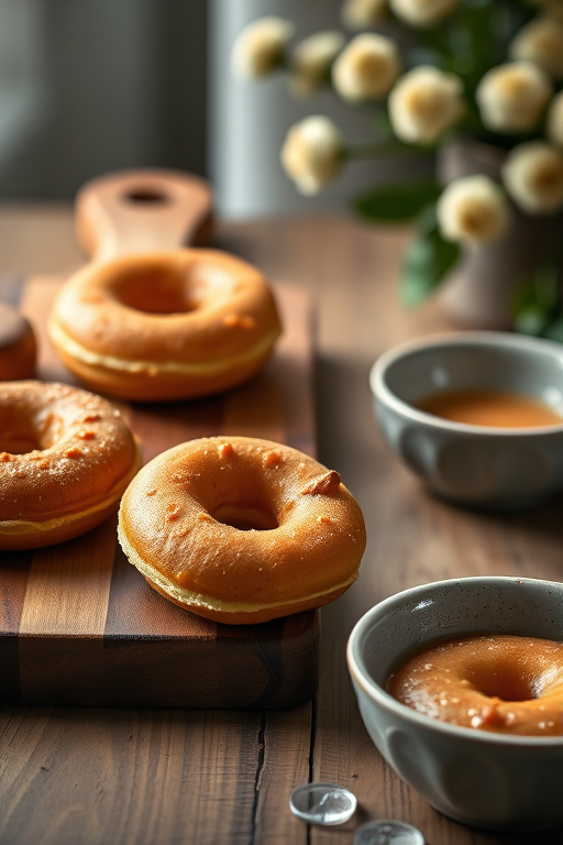 aesthetic food photography of golden-brown donuts on a rustic wooden cutting board and in a small bowl with natural lighting, shallow depth of field, 50mm lens, f/2.8 aperture, ISO 100, soft focus background, DSLR camera