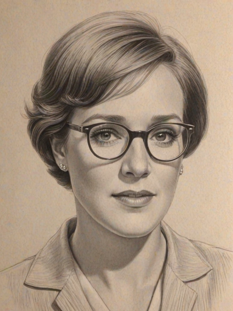 Alluring Julie Andrews, pencil sketch, portrait of Pleasing woman 1931s in glasses, hair style beatnik, outline, clear lines, fine lines, 8k