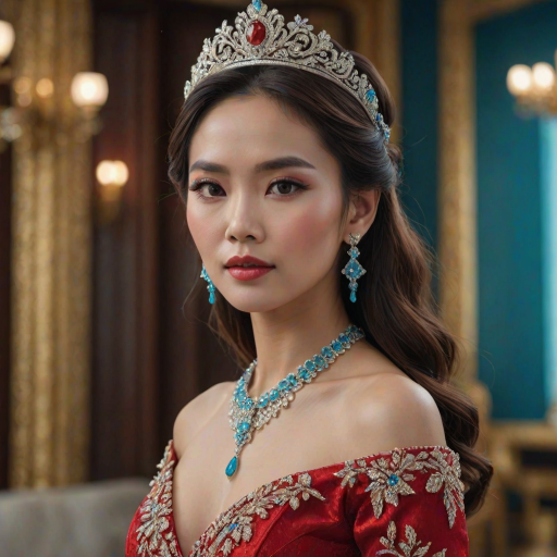 A gorgeous Vietnamese woman in a luxurious red gown, accessorized with a dazzling tiara and statement earrings, her deep cyan eyes highlighted by impeccable makeup, poised in a royal setting, photorealistic, 8K quality