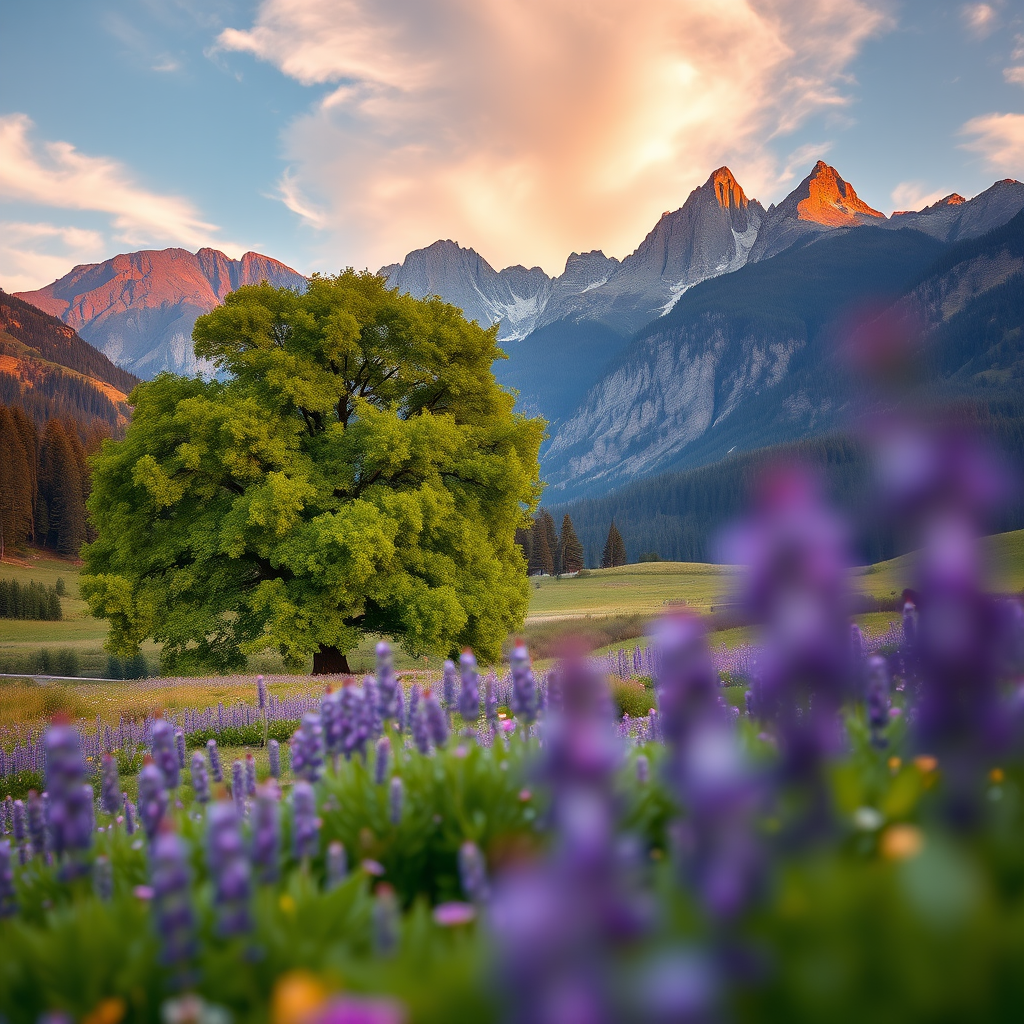 A vibrant landscape featuring a large green tree surrounded by a field of purple flowers, majestic mountains in the background, shot with a Canon EOS R5, 50mm lens, aperture f/1.8, ISO 100, at golden hour for enhanced lighting and depth of field.