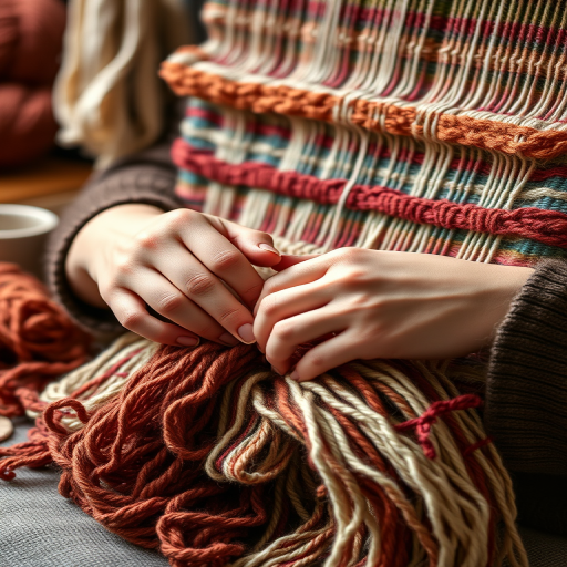Close-up of a woman’s hands weaving a colorful tapestry, with yarns of different textures and shades displayed around her, soft light enhancing the details of her craft.