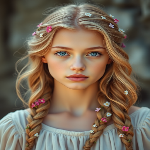 Create an image of a young woman with long, wavy blonde hair, adorned with small, colorful flowers woven into her braids and loose strands. Her complexion is fair, with soft, glowing skin, and she has light blue eyes that gaze softly at the viewer. She wears a light, flowing dress with a gentle, ethereal quality, complementing her delicate and serene appearance. The background is slightly blurred, drawing focus to her tranquil expression and the intricate details of the flowers in her hair. The overall mood of the image is one of natural beauty and grace, evoking a sense of peacefulness and connection with nature.
