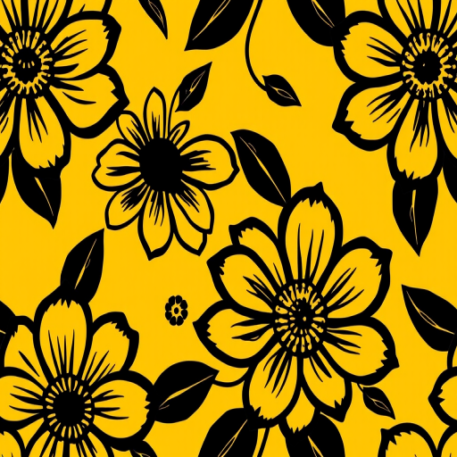 Create a seamless floral pattern with dark outlines and a vibrant yellow background featuring large stylized flowers, using a macro lens with an aperture of f/2.8, ISO 100, and a focal length of 50mm, in a digital format for high clarity and detail.
