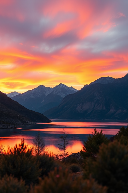 Generate a high-quality image of a serene landscape featuring mountains and a lake at sunset with vibrant colors, captured with a DSLR camera at f/8 aperture, ISO 200, 50mm lens, shot from a low angle view to enhance foreground detail.